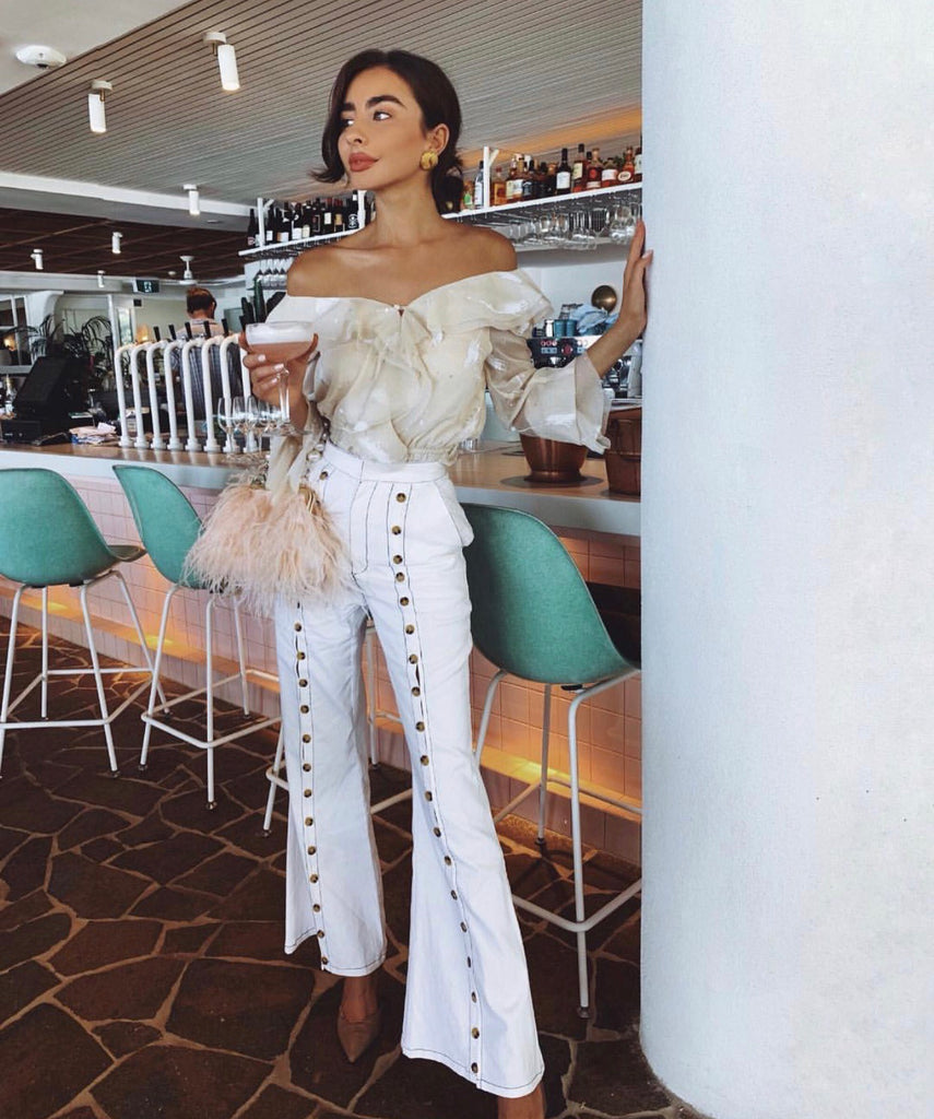 Peace paint nude white blouse