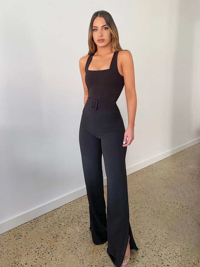 Belted staple black pant