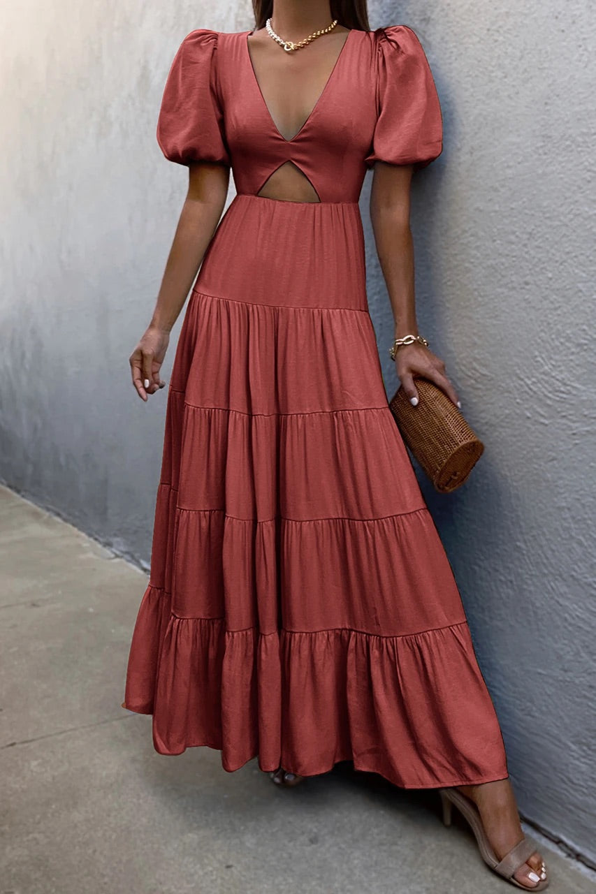 maxi dress terracotta Chiffon A-Line Long Bridesmaid Dress with Flutter Sleeves in Terracotta, Terracotta / Custom Size( Free )