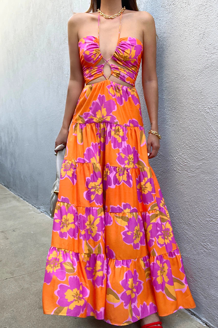 orchid orange maxi dress Amaya Strapless Chiffon Maxi Dress / Koi Orchid Print | MESHKI